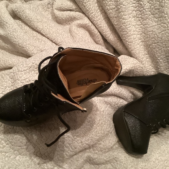 Charolette Russe Women's Black Ankle Boots. Zip or Lace up Platform block Heels - Picture 10 of 12